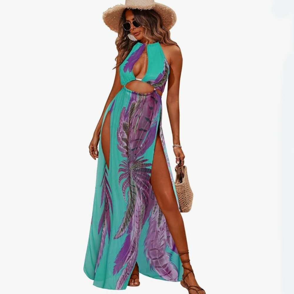 BIUBIU Women's Sexy Boho Floral Halter Summer Maxi Dress Beach Party Split Cover